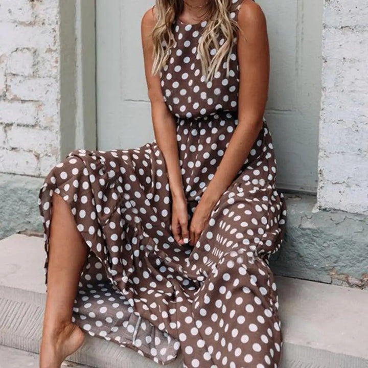 SLEEVELESS POLKA DOT FLOWY MAXI DRESS