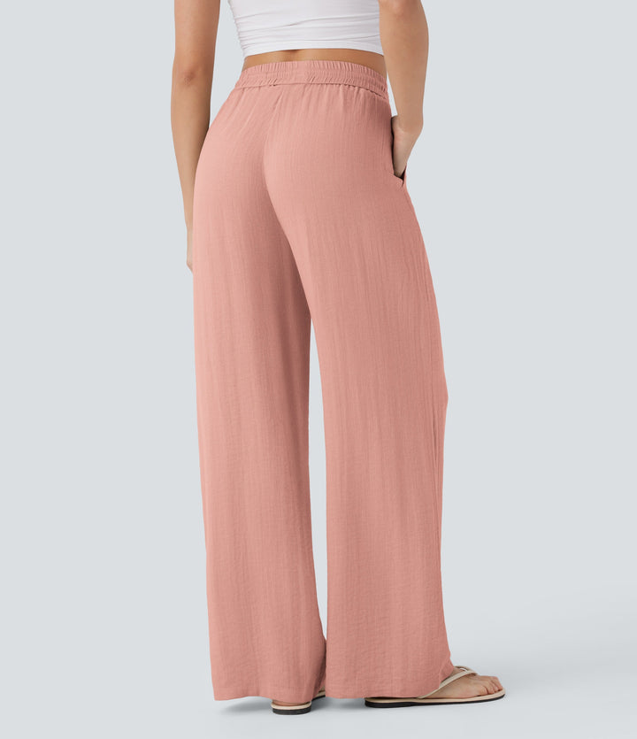 2026🔥 High Waisted Drawstring Pocket Wide Leg Casual Linen-Feel Pants