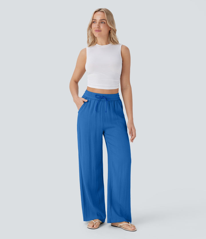 2026🔥 High Waisted Drawstring Pocket Wide Leg Casual Linen-Feel Pants