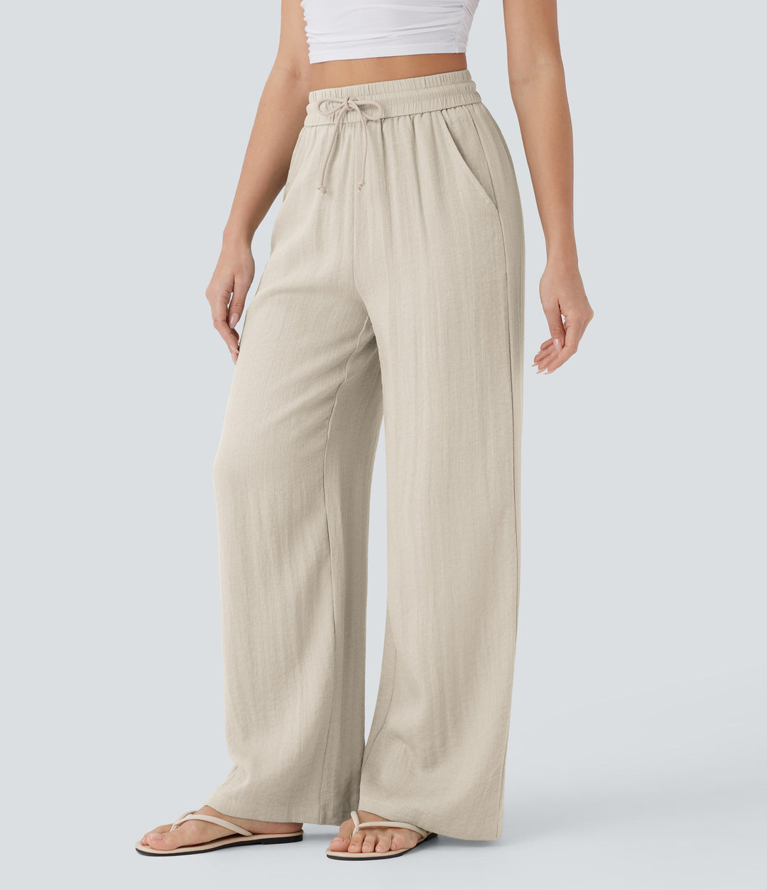 2026🔥 High Waisted Drawstring Pocket Wide Leg Casual Linen-Feel Pants