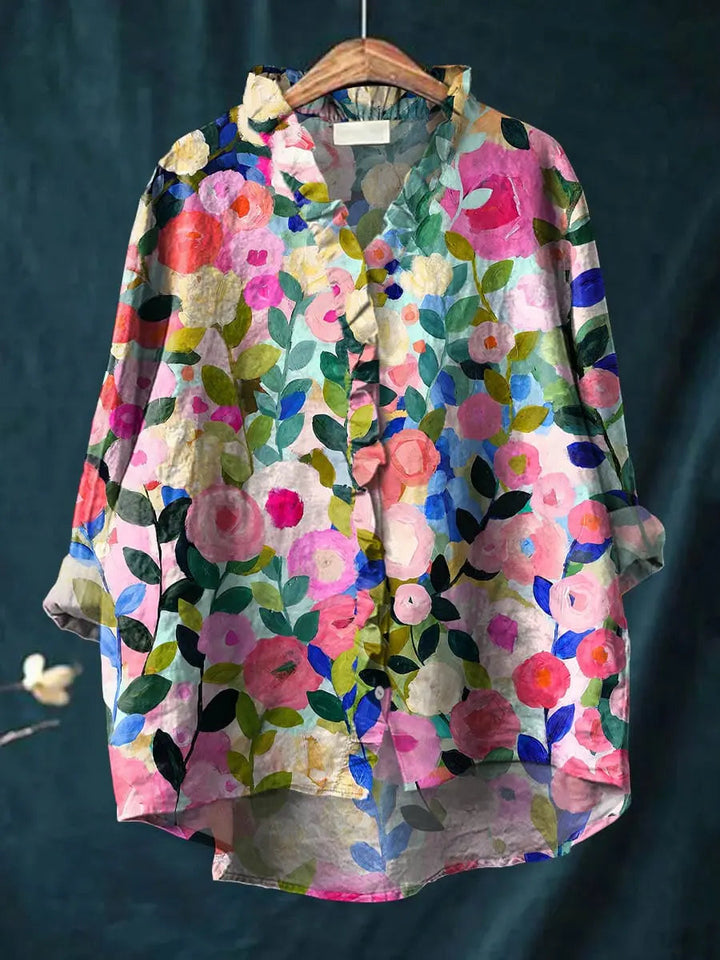 Olive | Floral Linen Button-Down Blouse For Women