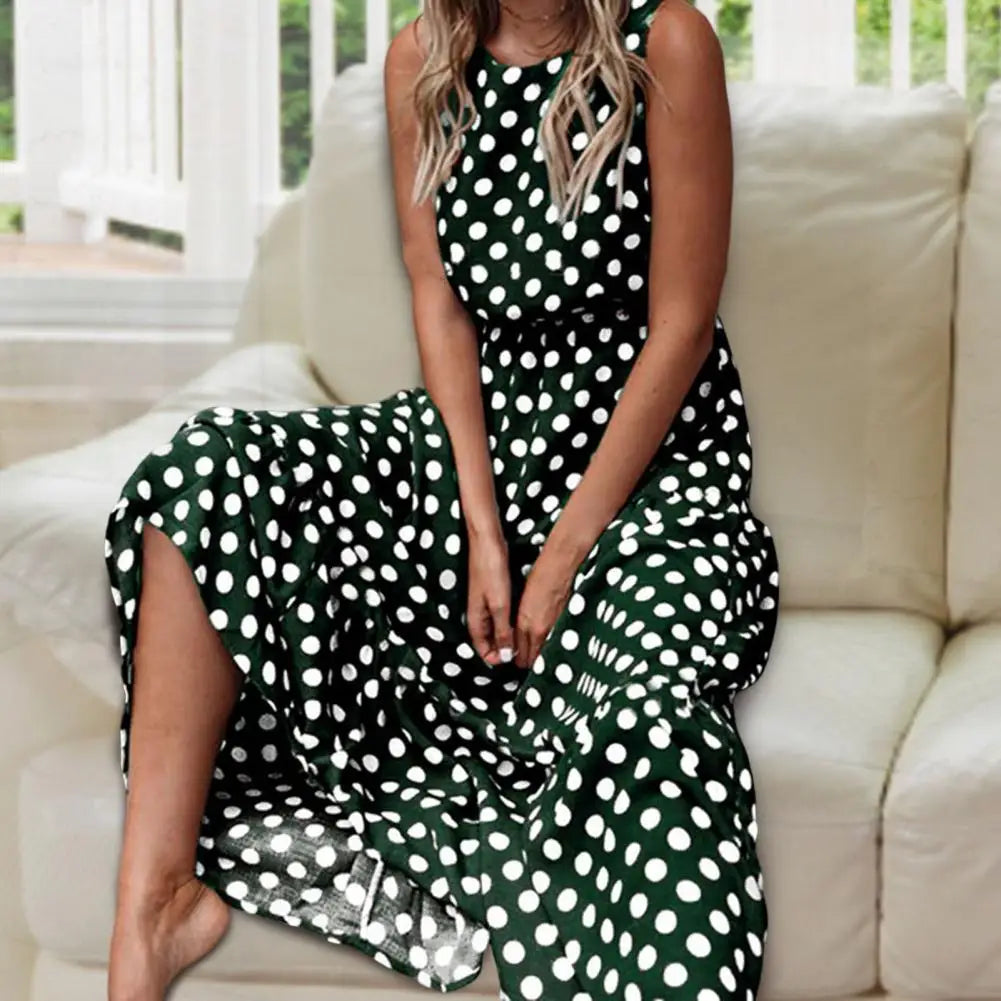 SLEEVELESS POLKA DOT FLOWY MAXI DRESS