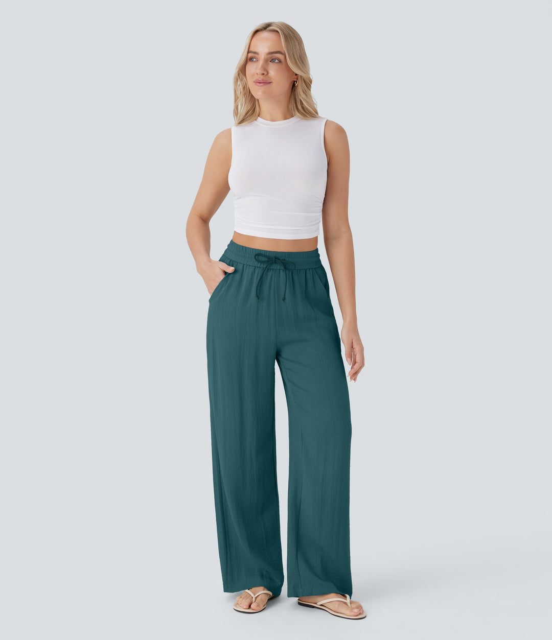 2026🔥 High Waisted Drawstring Pocket Wide Leg Casual Linen-Feel Pants
