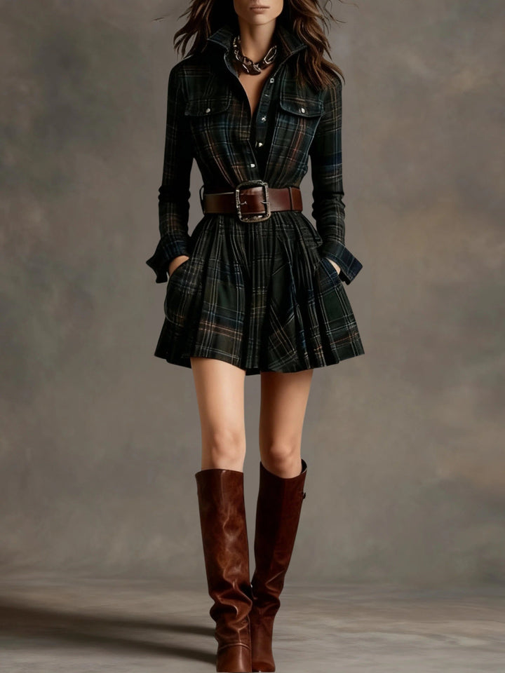 Elise | Vintage Short Dress With Red &amp; Brown Checks And Lapel (Includes Belt)