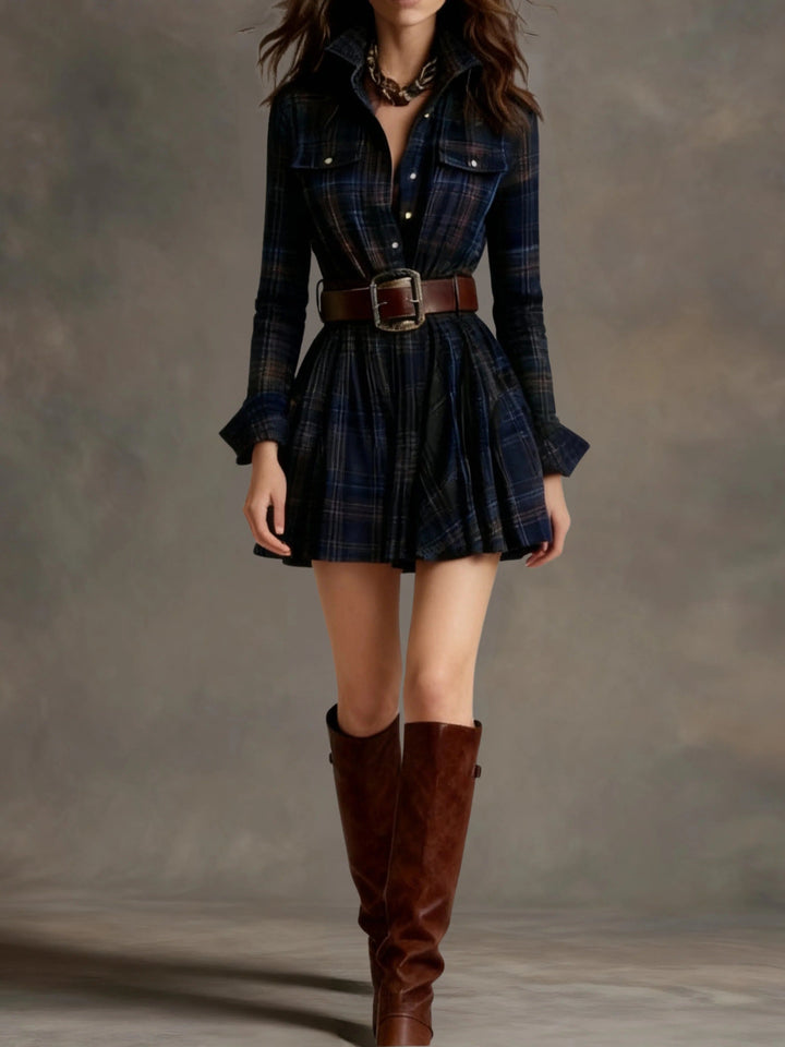 Elise | Vintage Short Dress With Red &amp; Brown Checks And Lapel (Includes Belt)