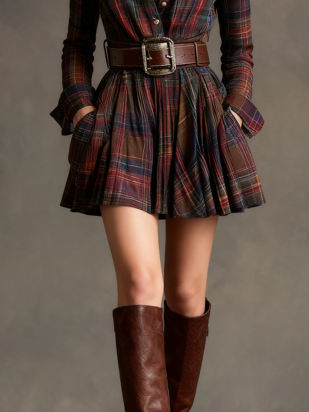 Elise | Vintage Short Dress With Red &amp; Brown Checks And Lapel (Includes Belt)