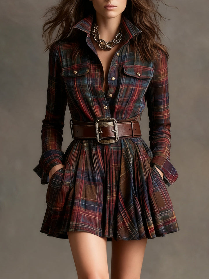 Elise | Vintage Short Dress With Red &amp; Brown Checks And Lapel (Includes Belt)