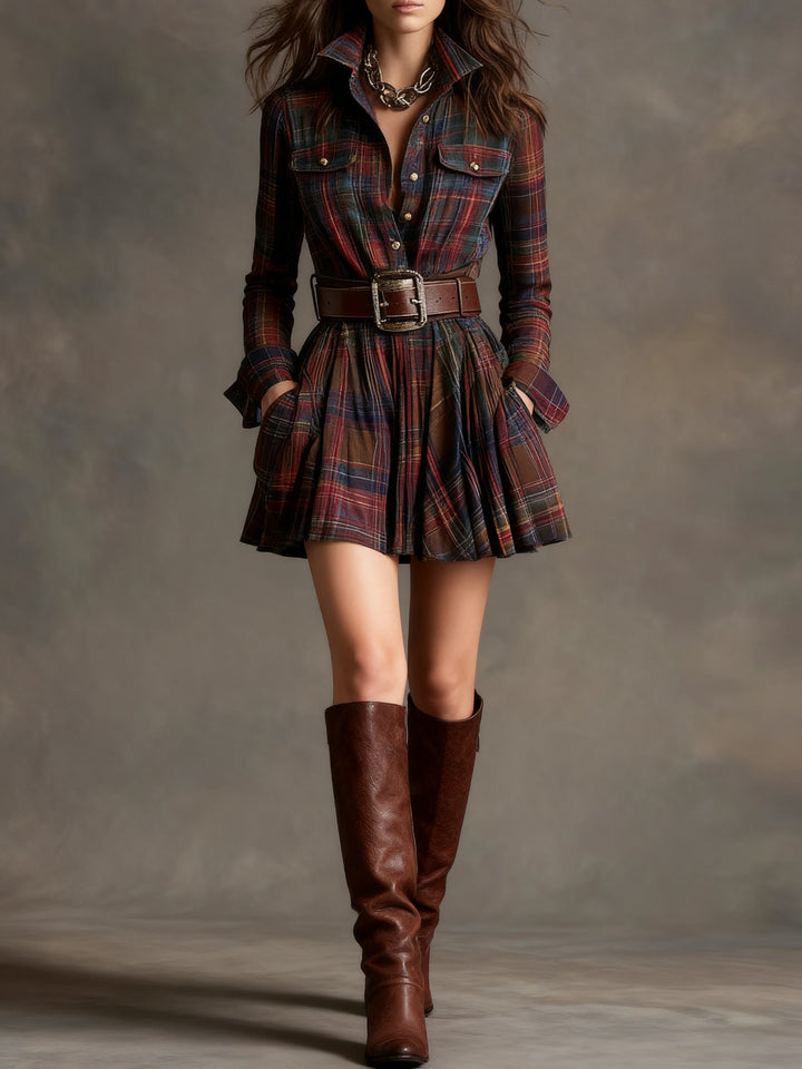 Elise | Vintage Short Dress With Red &amp; Brown Checks And Lapel (Includes Belt)