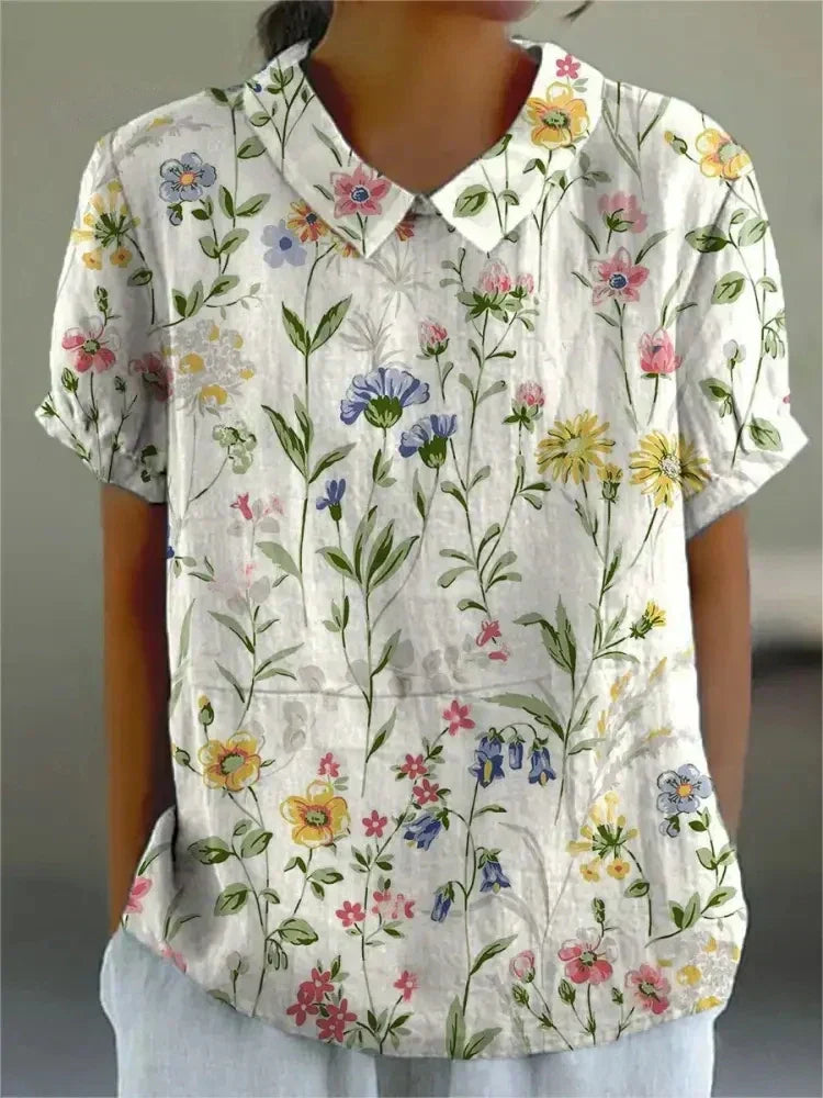Embroidered Floral Blouse With Collar For Women