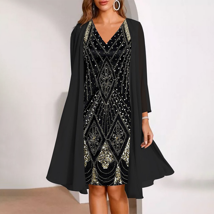 Vanessa-V-Neck Dress & Sheer Long Matching Coat