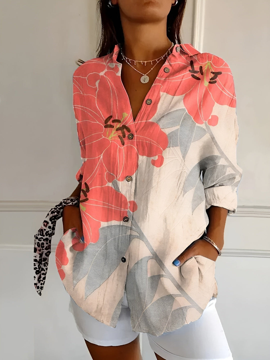 Beth | Button-Up Blouse With Split Neck And Oversized Fit For Women